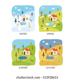 4 seasons landscape. Winter, spring, summer, autumn. School activity book vector eps 10 hand drawn illustration. Preschool poster.