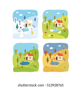 4 estaciones paisaje. Invierno, primavera, verano, otoño. El vector del libro de actividad escolar filtra 10 ilustración dibujada a mano. Afiche del preescolar.