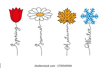 4 estaciones. Conjunto de logos primavera, verano, otoño, invierno. Ilustraciones vectoriales dibujadas a mano, con letras a mano.  