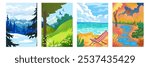 4 seasons. Winter snowy background. Summer tropical island, beach landscape. Spring forest nature with the sun. Autumn graphic rainy landscape. Different weather hot and cold. Vector poster collection