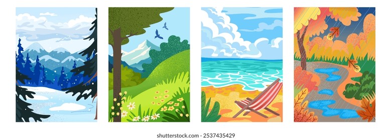 4 seasons. Winter snowy background. Summer tropical island, beach landscape. Spring forest nature with the sun. Autumn graphic rainy landscape. Different weather hot and cold. Vector poster collection