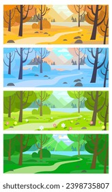 4 seasons: winter, spring, summer, autumn. Vector illustrations of nature, natural landscape, forest, plants, lawn, mountains, trees,  river, fields for background or banner