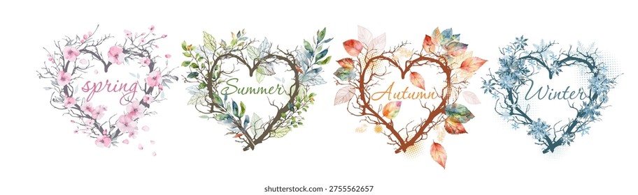 4 seasons of the year. Four seasons - spring, summer, autumn, winter. Hand drawn. Not AI, vector illustration
