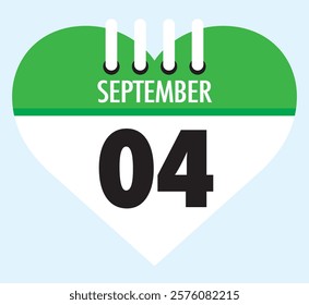 4 September calendar icon green heart shape on light sky blue color background, calendar vector symbol for the month of September.