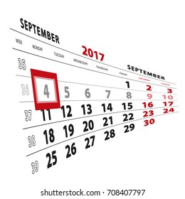 4 September highlighted on calendar 2017. Week starts from Monday. Vector Illustration.