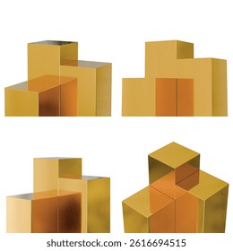 4 Set of 3 boxy podiums in gold color - 3D Render - 2K	