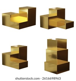 4 set of 3 boxy podiums in 4 positions. Gold color. 3d render - 2K