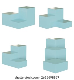 4 set of 3 boxy podiums in 4 positions. Blue color. 3d render - 2K