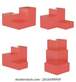 4 set of 3 boxy podiums in 4 positions. Red color. 3d render - 2K