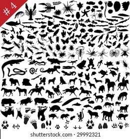 # 4 set of  different animals, birds, insects and fishes  vector silhouettes