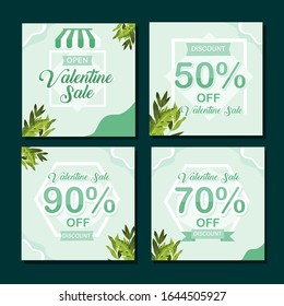 4 Set of Discount and Super Sale of Happy Valentine’s Day Sale on Green and Pastel Theme for Social Media Post. Online Shop and Business. Vector Illustration. Promotion and Advertisement