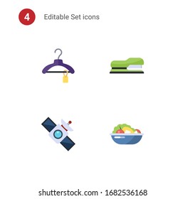 4 set flat icons set isolated on . Icons set with Clothes, Stapler, satellite, Salad icons.