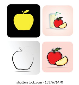 4 Set Fresh Apple fruit whole and half-sliced ,silhouette , outline ,icon grapics design.