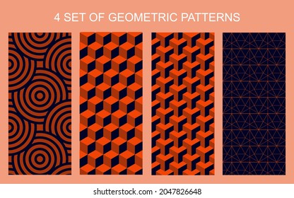 4 Set of Geometric seamless patterns. Abstract geometric circle,
triangle, square, hexagonal. graphic design print 3d cubes pattern. 