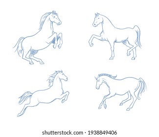 4 set of horses, Doodle hand drawn vector illustration