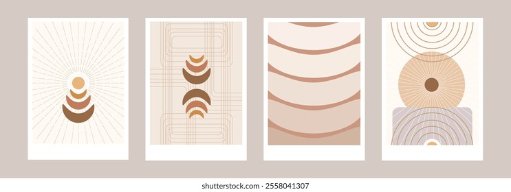 4 Set Illustration of Afro African Teracotta Natural Moon Circles Lines Vector Collection - Organic Hand-Drawn Graphic Elements. Aesthetic collection of boho-inspired, earthy vector graphics