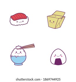 4 set of japenese food : sushi, dumpling, bowl of rice with chopsticks and box. Design vector illustration for your brand and product.