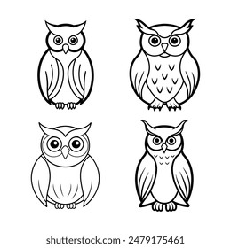  4 Set Owl Line Art Vector Illustration | High-Quality Graphic Design.