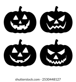 4 conjunto de abóboras de sorriso isolado no png ou textura transparente, fundo de festa de Halloween, modelo de elemento para cartaz, brochura, publicidade de marketing de vendas on-line, ilustração vetorial.