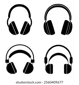 4 set variations of simple black headphone icons on a white background.