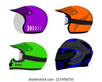 4 sets of different colorful helmets. Racing helmets for cars, motorcycles, dirt bikes and bicycles on a white background