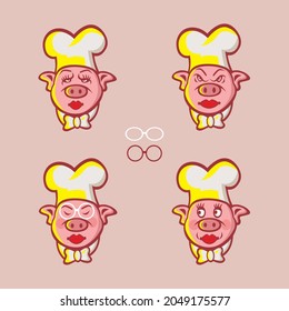 4 sets of female pig chef face character illustration, suitable for business logos, brands, teams, communities or whatever.