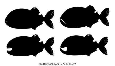 4 sets of imaginary images of piranha fish silhouettes, isolated on white background.vector