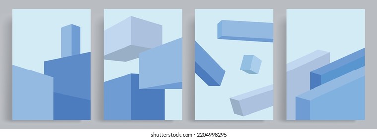 4 sets of minimalist abstract 3d shape background. Irregularly arranged blue blocks. Suitable for posters, book covers, brochures, magazines, flyers, booklets.