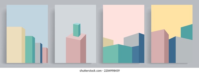 4 sets of minimalist abstract 3d blocks background in retro pastel colors. Suitable for brochures, backgrounds, decorations, leaflets, posters, book covers.