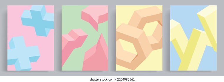 4 sets of minimalist abstract 3d assorted shapes backgrounds in futuristic pastel colors. Suitable for poster, book cover, brochure, magazine, pamphlet, booklet and educational book for children.
