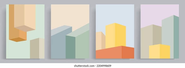 4 sets of minimalist abstract 3d blocks background in retro pastel colors. Suitable for posters, book covers, brochures, magazines, flyers, booklets.