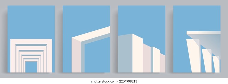 4 sets of minimalist architectural backgrounds. Vector of white buildings, posts, gates and fences. Suitable for posters, book covers, brochures, magazines, flyers, booklets.