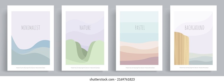 4 Sets Of Minimalist Contemporary Pastel Vector. Nature Mountain Background Asian Style. Design For Social Media Wallpaper, Blog Post Template, Card, Poster, Cover, Decoration