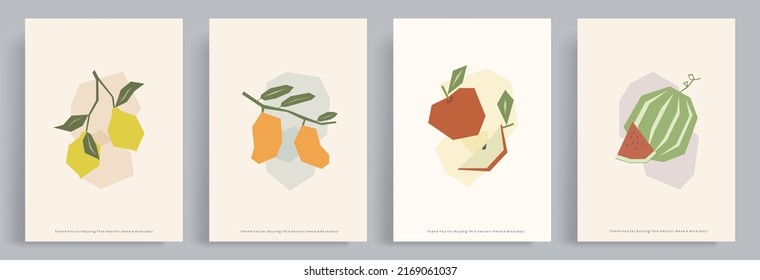 4 sets of natural geometric minimalist vector backgrounds. Lemons, mangoes, apples, watermelons. Boho style and natural retro vintage colours. Suitable for poster, decoration, social media, banner,add