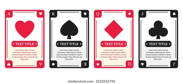 4 sets of playing card suits with description. Vector illustration.