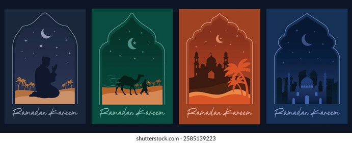 4 sets of ramadan posters with scenery concept, suitable for wall decor, or display