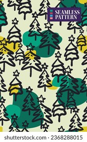 4 sets of seamless pattern backgrounds with Christmas tree doodles for wrapping gifts