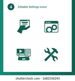 4 settings filled icons set isolated on . Icons set with web services, Website optimization, Systems Integration, tools icons.