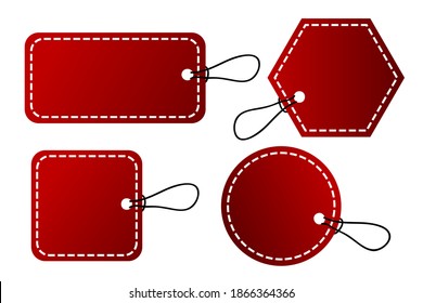 4 Shape Vector Red Gradient Tag, White Stitch Border With Black Rope, Isolated on White
