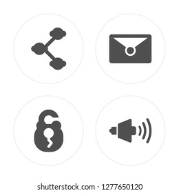 4 Share, Padlock, Mail, Volume modern icons on round shapes, vector illustration, eps10, trendy icon set.
