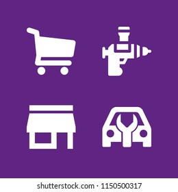 4 shop icons in vector set. shopping store cart, car and front store illustration for web and graphic design