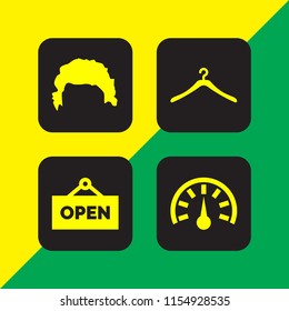 4 shop icons in vector set. clothes hanger, wig, open and car illustration for web and graphic design
