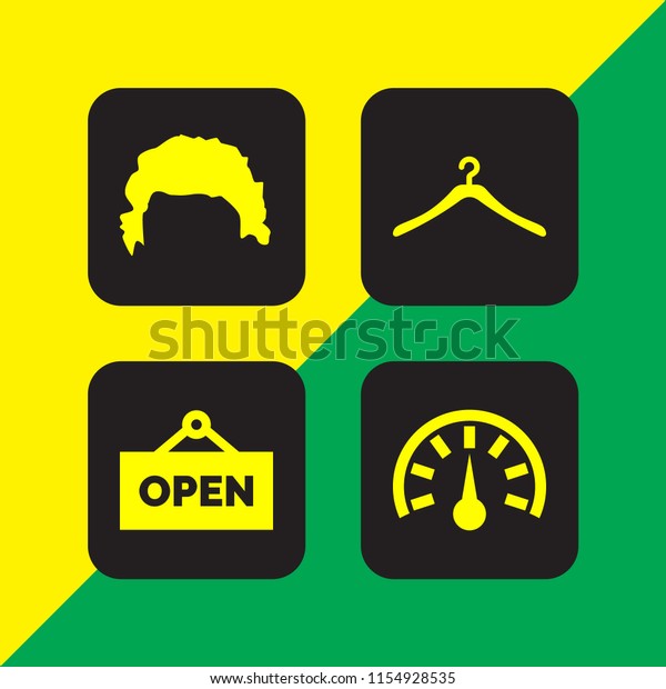 4 shop icons in\
vector set. clothes hanger, wig, open and car illustration for web\
and graphic design