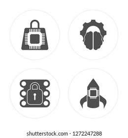4 Shopping bag, Secure data, Brain, Rocket modern icons on round shapes, vector illustration, eps10, trendy icon set.