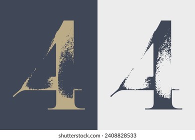 4 sign. Number four serif logo with dry brush strokes. Classic style font. Grunge textured and rough edges elements. Perfect for fashion label, vintage headline, luxury identity, wedding invitation.