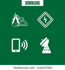 4 signal vector icon set with warning sign, wifi on phone, measure instruments and antenna icons for mobile and web