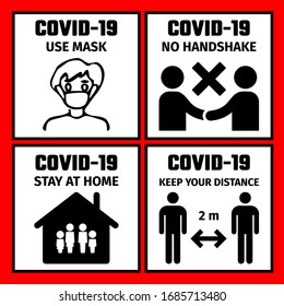 4 signs with the safety rules for the prevention of coronavirus. Use mask. No handshake. Keep your distance. Stay at home.