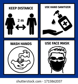 4 signs with the safety rules for the prevention of coronavirus. Keep distance. Use hand sanitizer. Wash hands. Use face mask. 