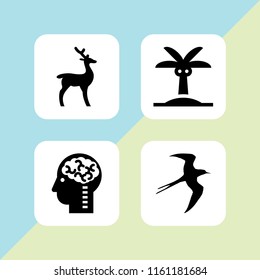 4 silhouette icons in vector set. bird, mind, palm tree and hunt illustration for web and graphic design