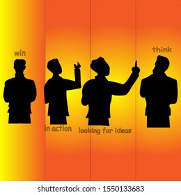 4 silhouette images are thinking, getting ideas, acting, and winning.